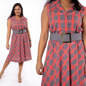 1960s Checkered Plaid Red Gray Sleeveless 60s Dress Stacy Ames